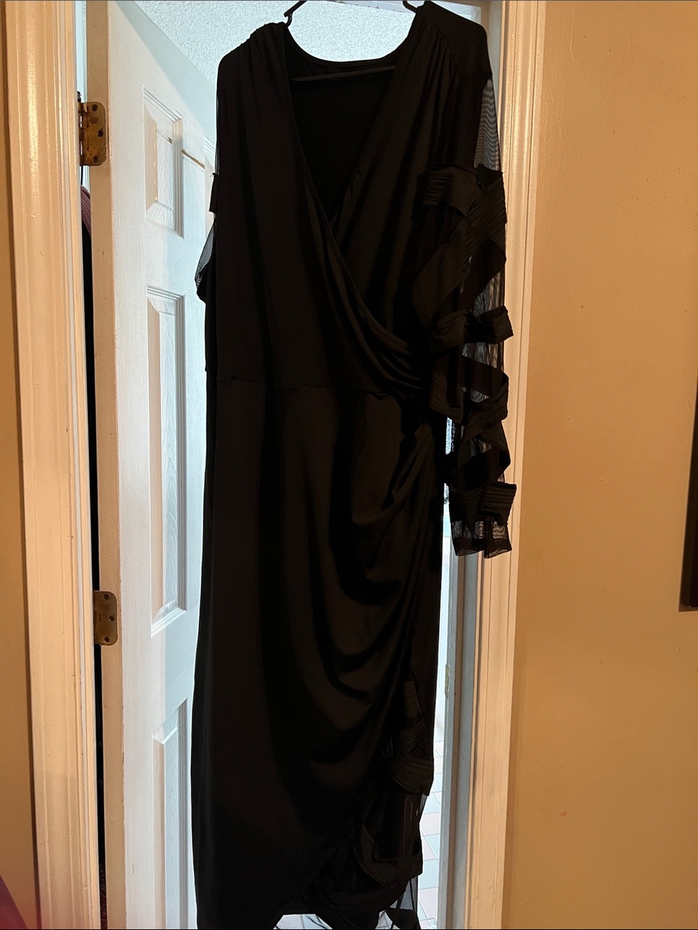 Women’s Black Draped Midi Dress with Ruffled Sleeve Detail